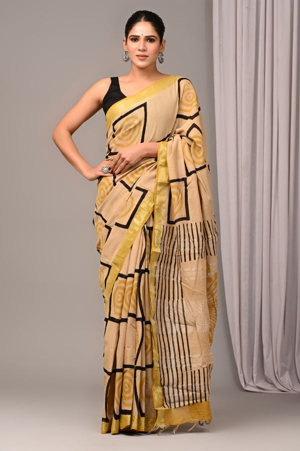 Hand Block Print Linen Saree with Blouse .