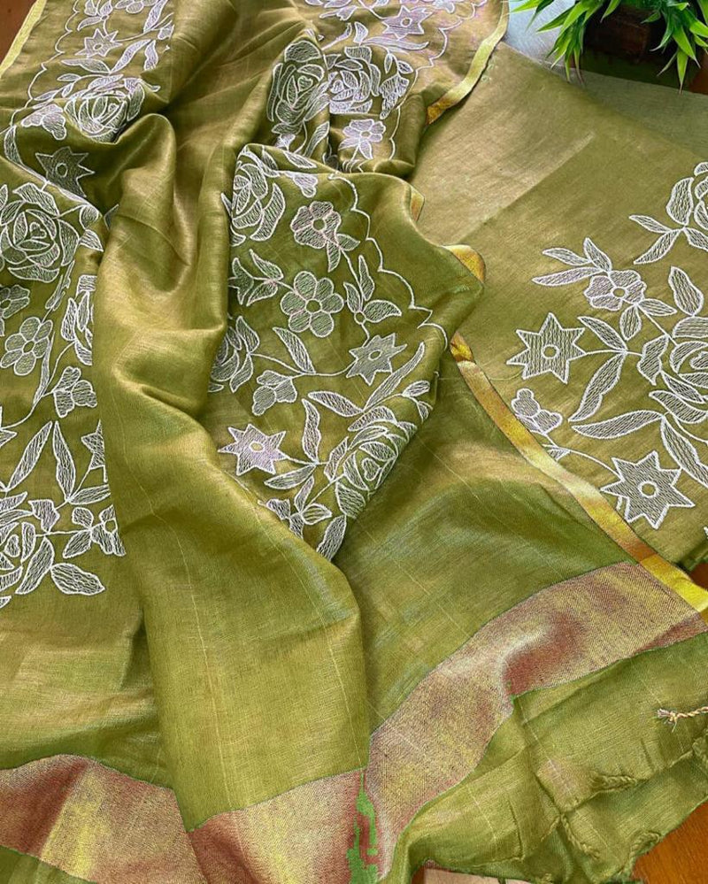 Bhagalpuri Cotton Linen Embroidery Unstitched suit.