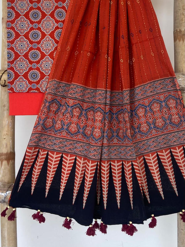 Pure Cotton Azrakh Print Unstitched suit With Azrakh Print Dupatta.