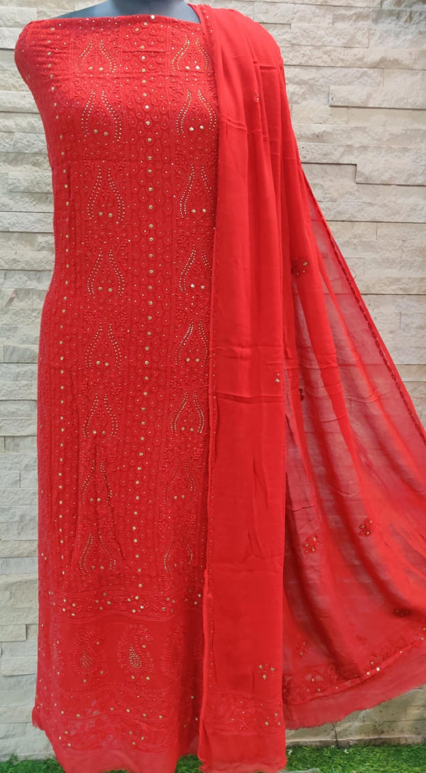 Pure Viscose Georgette Chikankari Hand Embroidery And Mukesh Work Unstitched Suit.