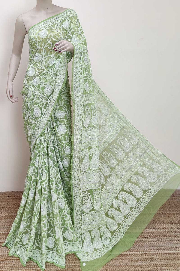 Pure Chiffon Georgette Chikankari Hand Embroidery Full Jaal Work Saree.