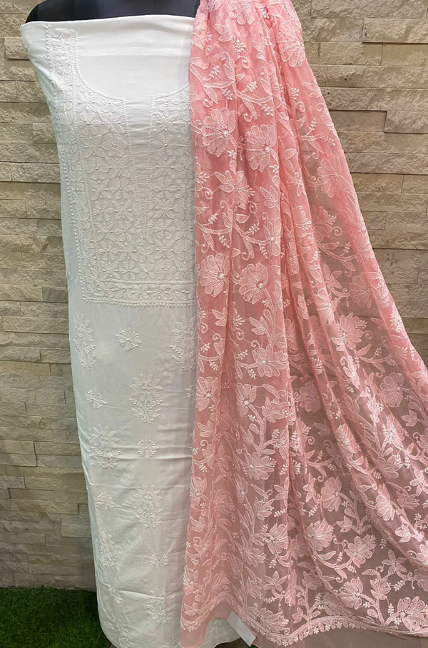 Pure MulMul Cotton Chikankari Unstitched Suit With Chikankari Hand Embroidery Jaal Dupatta .