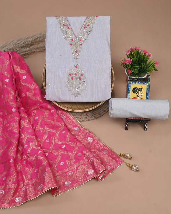 Pure Chanderi Silk Hand Work Unstitched Suit With Dhola Silk Dupatta.