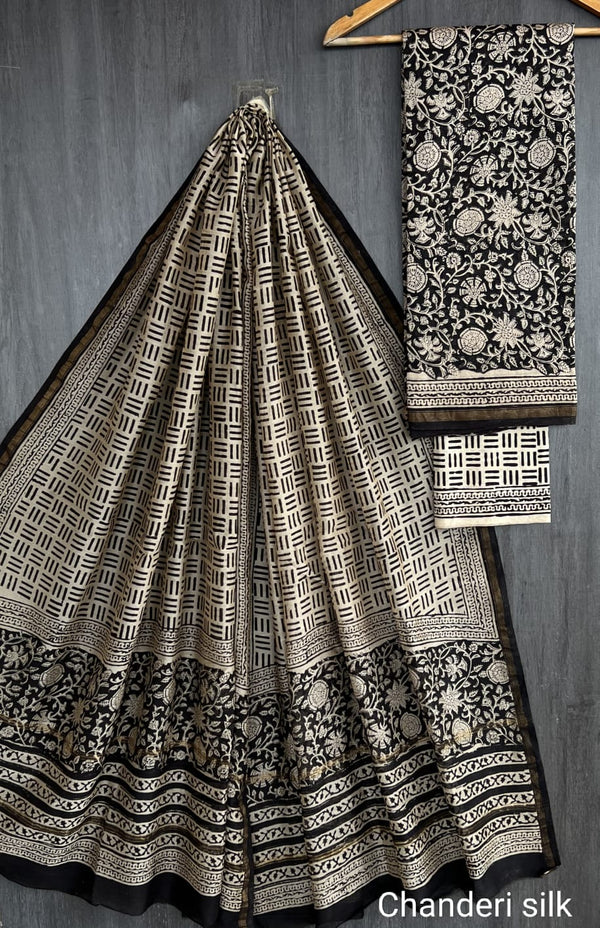 Pure Hand Block Chanderi Silk Unstitched Suit.