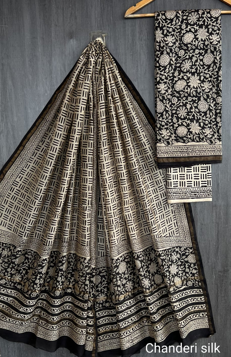 Pure Hand Block Chanderi Silk Unstitched Suit.