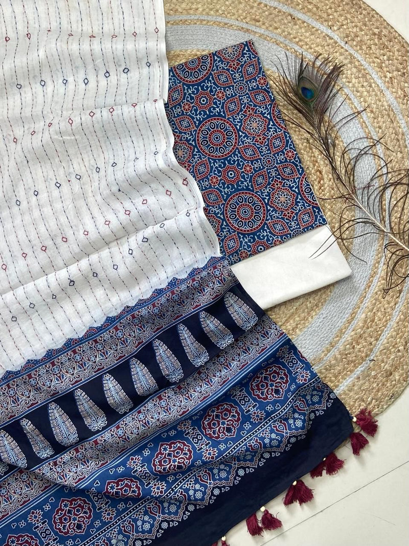 Pure Cotton Azrakh Print Unstitched suit With Hand kantha Work Dupatta .