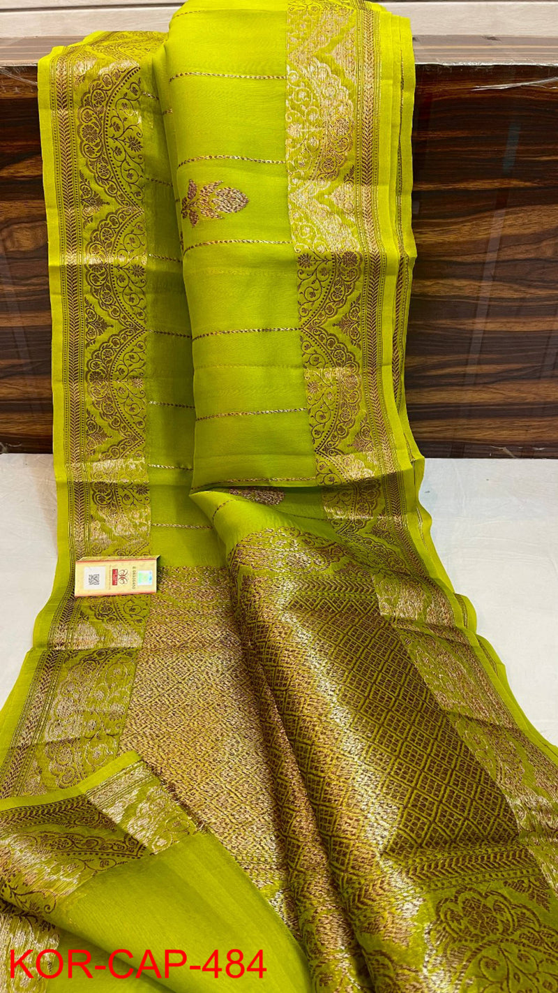 Pure Banarasi Kora Organza Silk Handwoven Zari Work Saree With Silk Mark Certificate ( Length- 6.3 Meter )