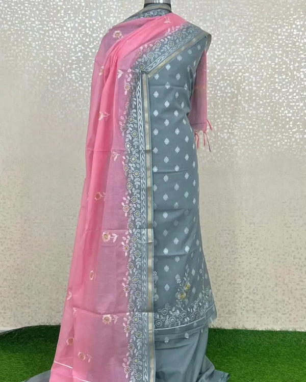 Banarasi Mercerised Chanderi Silk Resham weaved Unstitched Suit.