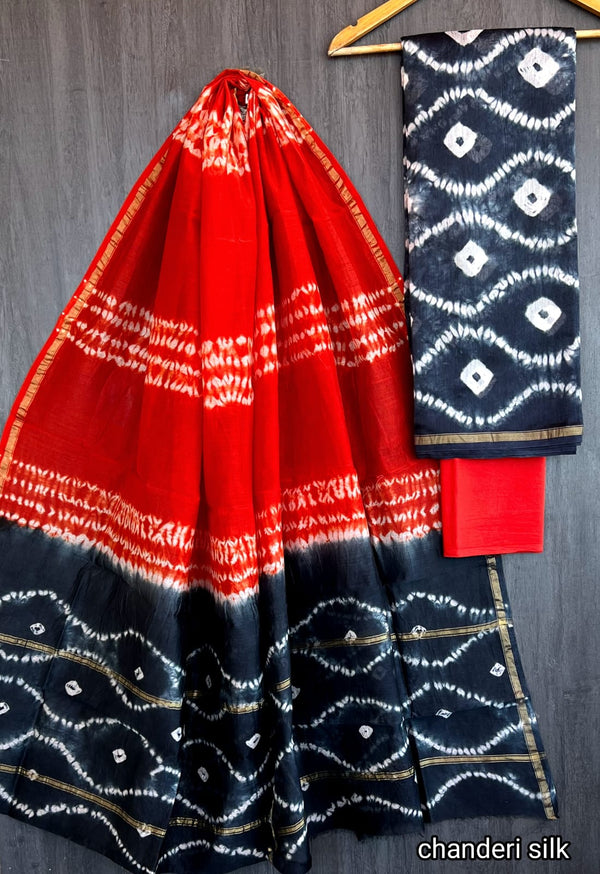 Pure Hand Block Chanderi Silk Unstitched Suit.