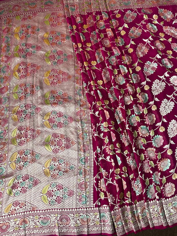 Pure Banaresi Khaddi Georgette Heavy Jaal Weaved Saree . ( Length- 6.3 Meter )