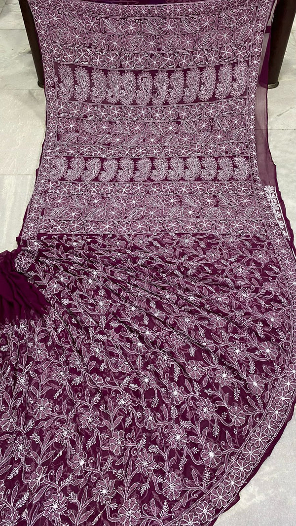 Pure Chiffon Georgette Chikankari Hand Embroidery Full Jaal Work Saree.