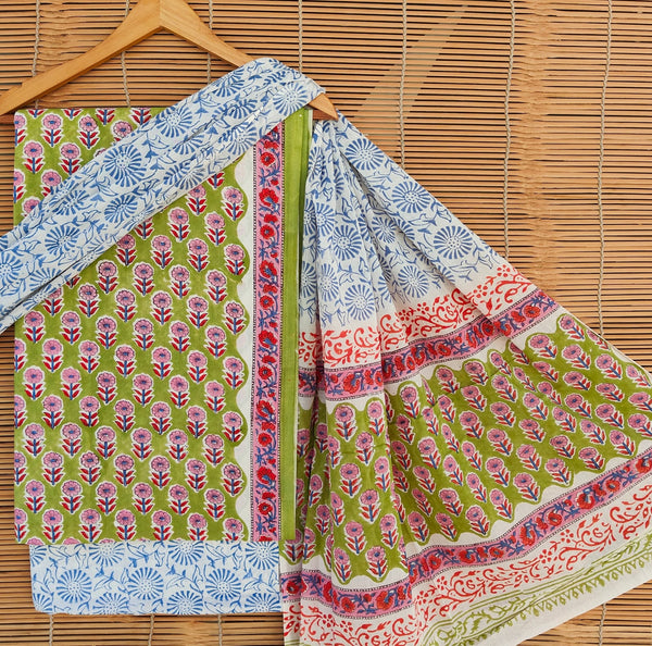 Pure Cotton Hand-Block Print unstitched suit with cotton dupatta .