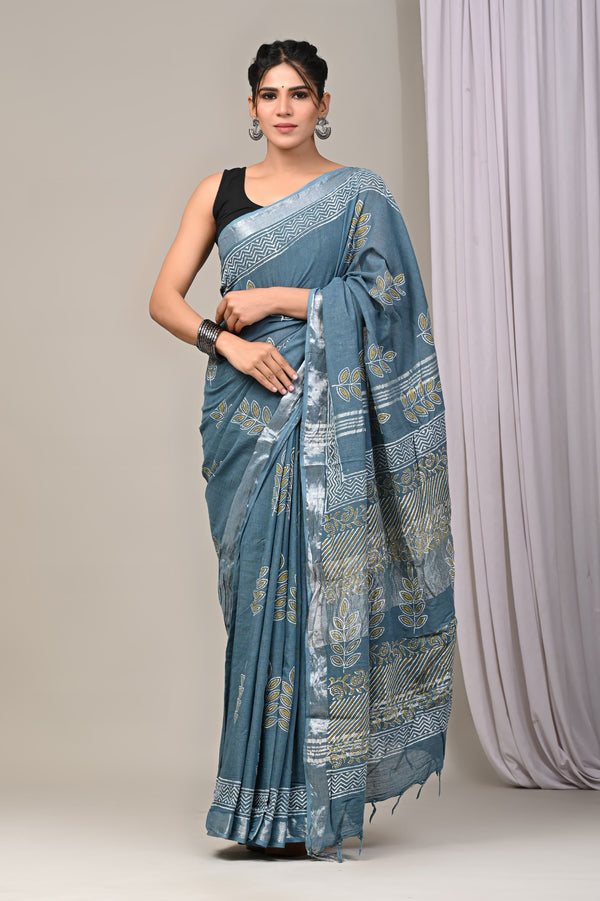 Hand Block Print Linen Saree with Blouse .