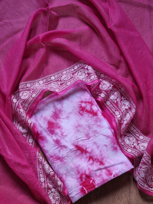 Pure Banarasi Chanderi Silk Shibori Print Unstitched suit with Kota Silk Embroidery Work Dupatta.