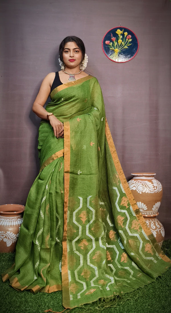 Pure Tissue Linen Silk Weaving Work Saree With Blouse.