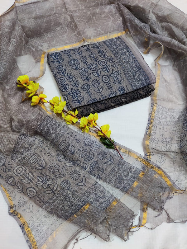 Pure Kota Doriya Hand Block Printed Unstitched Suit With Dupatta.