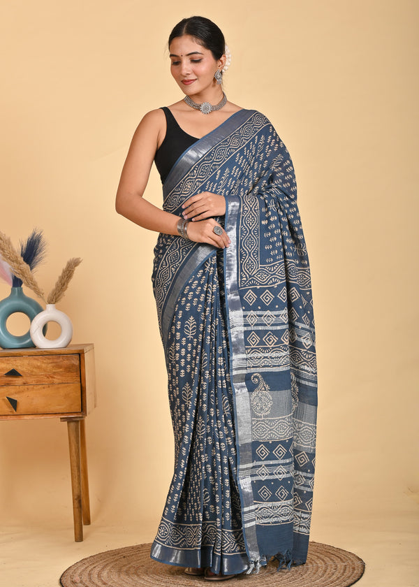 Hand Block Print Linen Saree with Blouse .