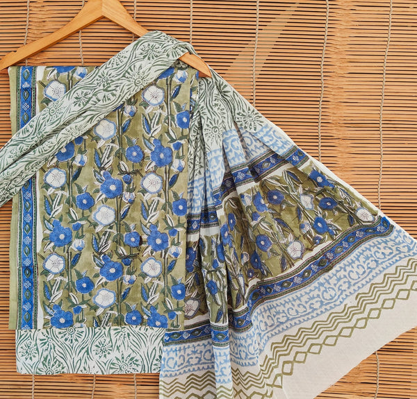 Pure Cotton Hand-Block Print unstitched suit with cotton dupatta .