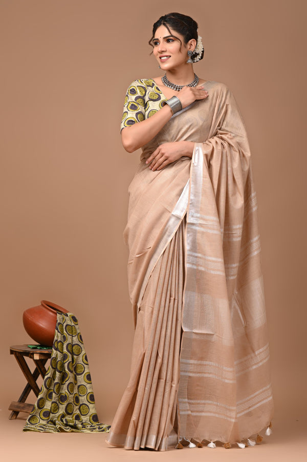 Hand Block Print Linen Saree with Blouse .