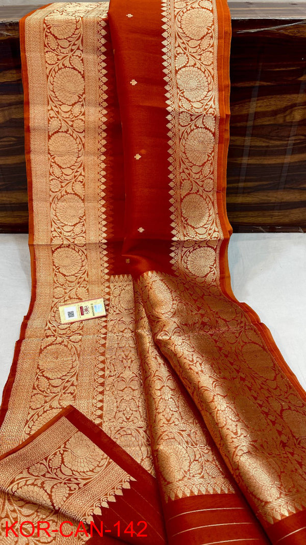 Pure Banarasi Kora Organza Silk Handwoven Zari Work Saree With Silk Mark Certificate ( Length- 6.3 Meter )