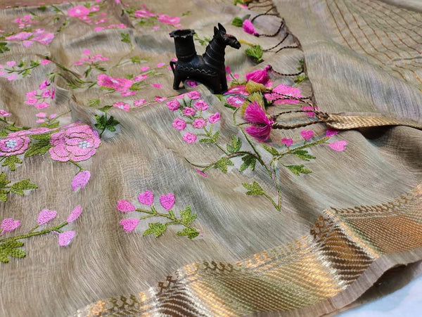 Pure Silk Linen By Linen Saree with Embroidery Work.( length- 6.3 meter )