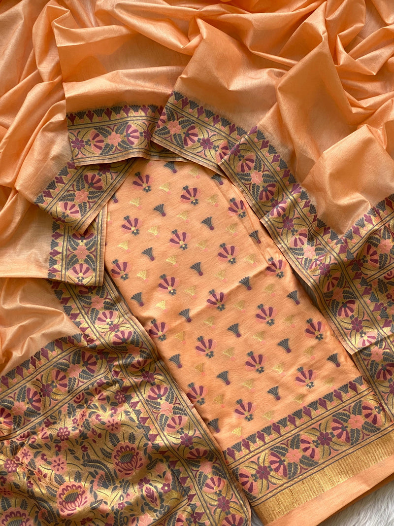 Pure Banarasi Tilfi Cotton Silk Weaved Unstitched Suit With Cotton Silk Dupatta.