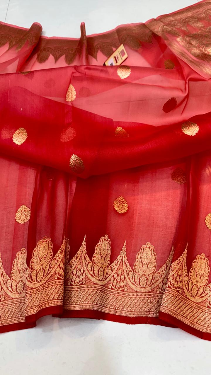 Pure Banarasi Kora Organza Silk Handwoven Zari Work Saree With Silk Mark Certificate ( Length- 6.3 Meter )