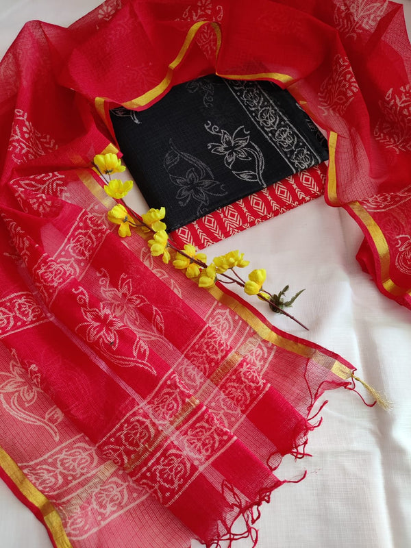 Pure Kota Doriya Hand Block Printed Unstitched Suit With Dupatta