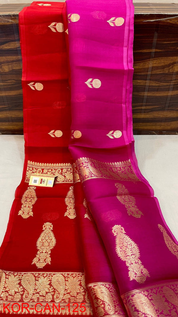 Pure Banarasi Kora Organza Silk Handwoven Zari Work Saree With Silk Mark Certificate ( Length- 6.3 Meter )