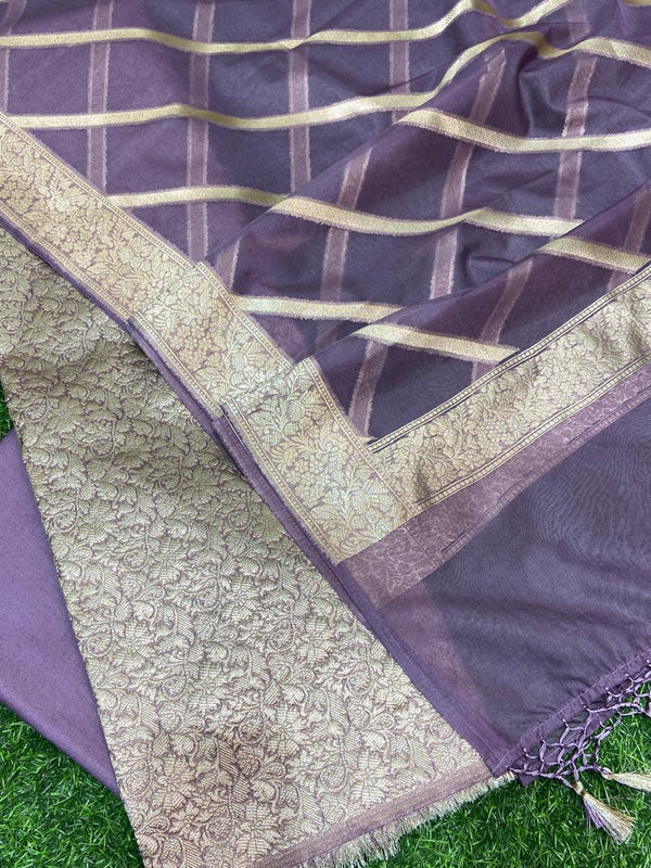 Pure Banarasi Soft Brocade Zari Weaved Unstsiched Suit With Organza Zari weaved Dupatta.