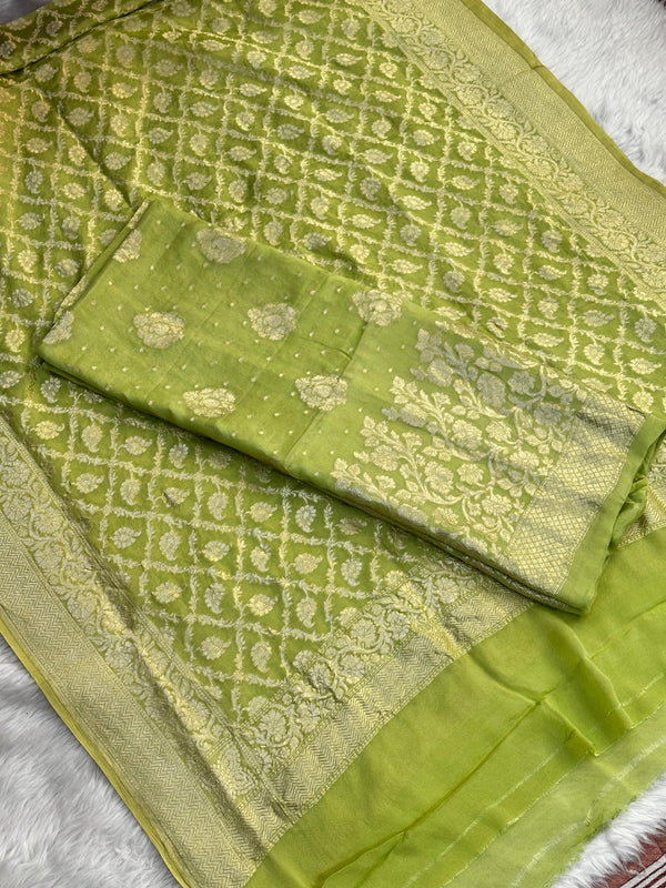 Pure Banarasi Khaddi Georgette Silk Weaved Unstitched Suit With Khaddi Georgette Silk Weaved Dupatta.