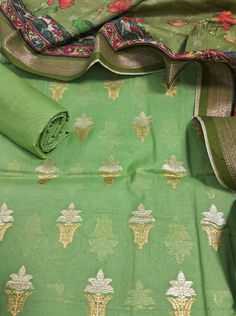 Pure Banarasi Cotton Chanderi Silk Zari Work Unstitched Suit With Digital Print Dupatta.