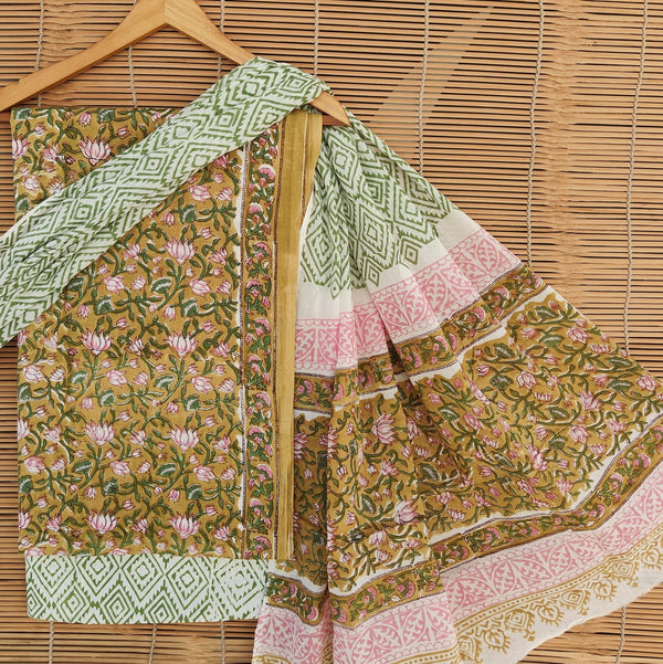 Pure Cotton Hand-Block Print unstitched suit with cotton dupatta .