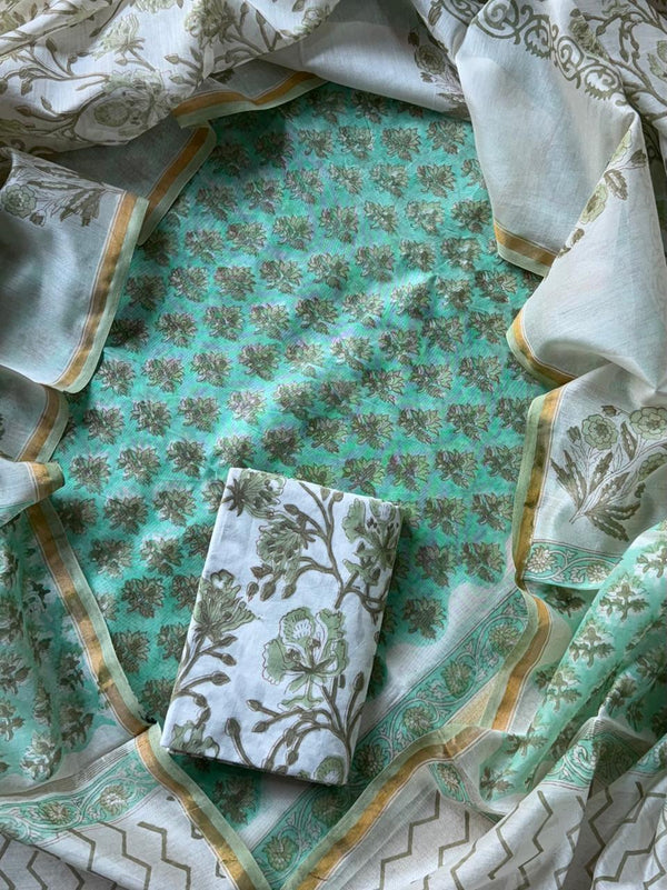 Pure Hand Block Chanderi Silk Unstitched Suit.