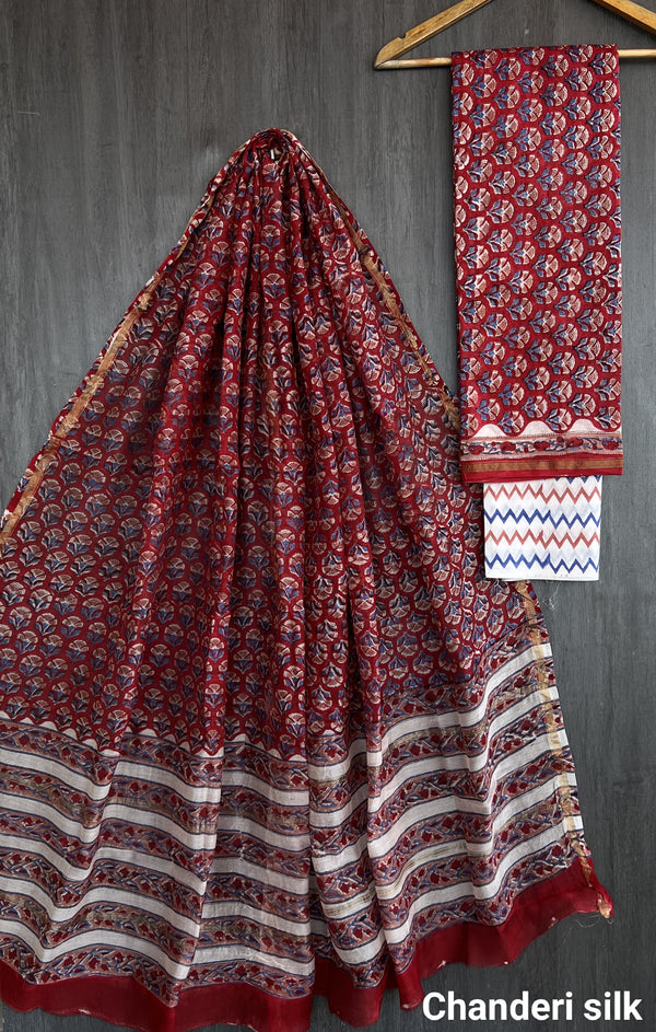 Pure Hand Block Chanderi Silk Unstitched Suit.