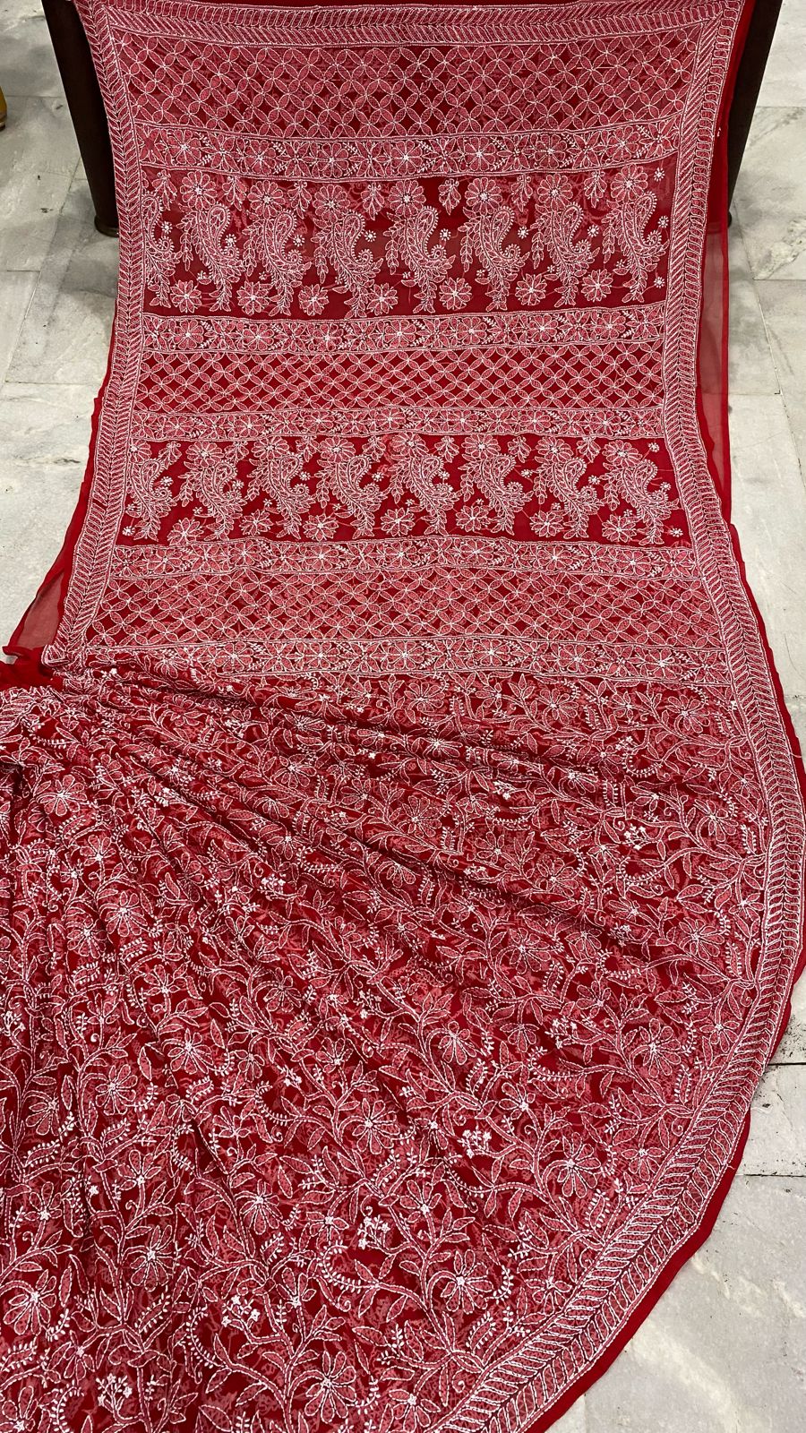 Ada Women Hand Embroidered Red Faux Georgette Lucknowi Chikankari Saree  With Blouse - A183182 - Ada - 3335714