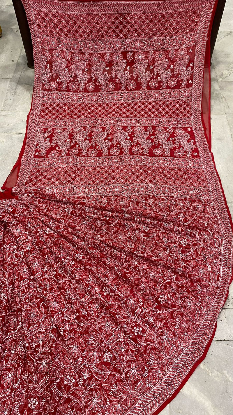 Pure Chiffon Georgette Chikankari Hand Embroidery Full Jaal Work Saree.