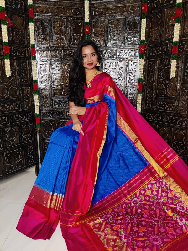 Pure Pochampally Ikkat Silk Saree With Blouse Pthani Pattern  Border.