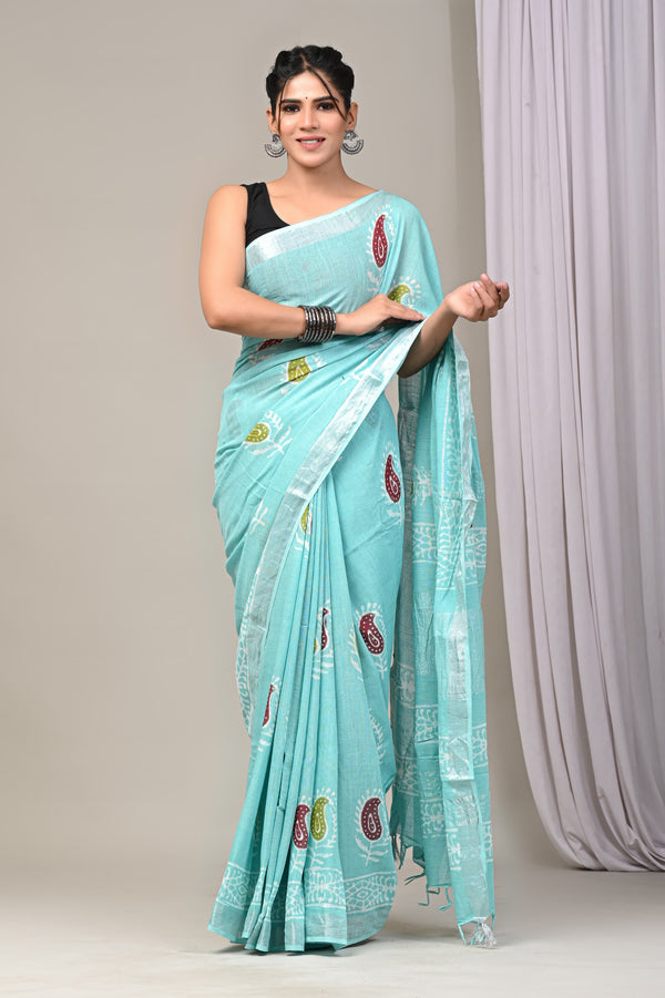 Hand Block Print Linen Saree with Blouse .