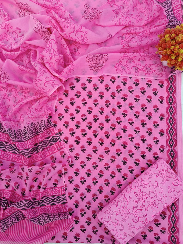 Pure Cotton Hand-Block Print unstitched suit with cotton dupatta .