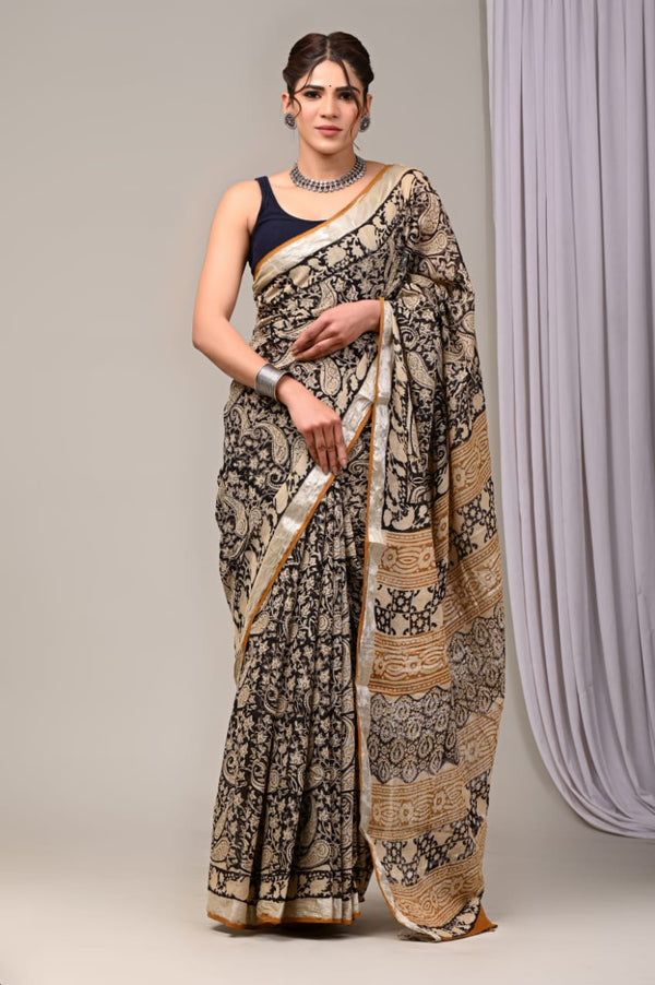 Hand Block Print Linen Saree with Blouse .