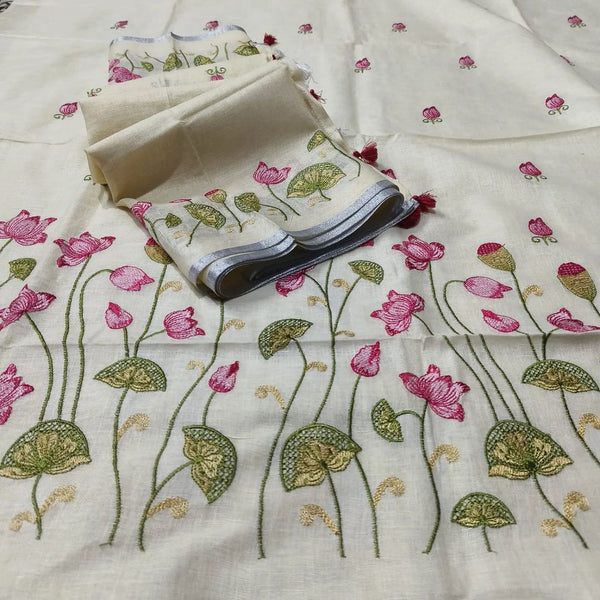 Pure Cotton Linen bhagalpuri Embroidered work Unstitched Suit.