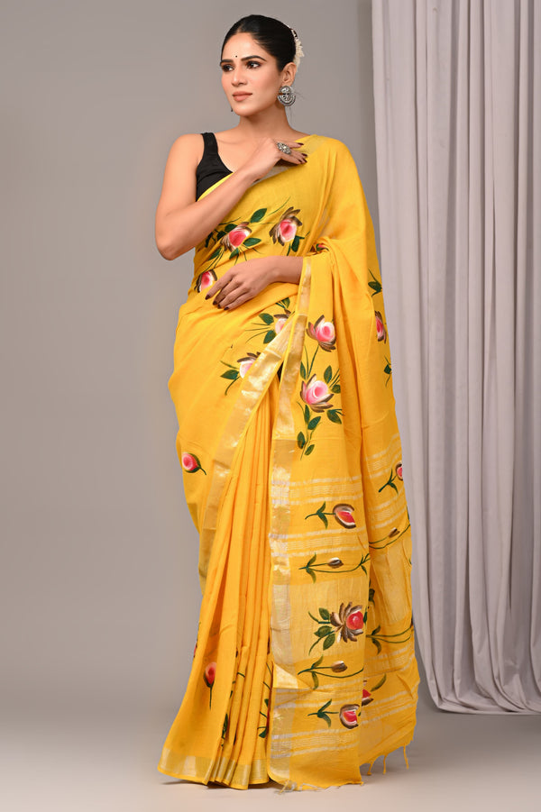 Hand Block Print Linen Saree with Blouse .