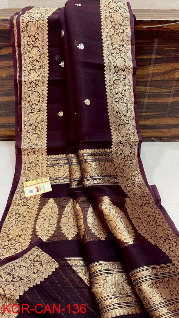 Pure Banarasi Kora Organza Silk Handwoven Zari Work Saree With Silk Mark Certificate ( Length- 6.3 Meter )