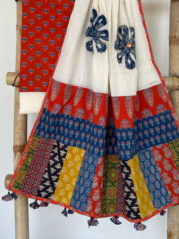 Pure Cotton Azrakh Print Unstitched suit With patch work Dupatta.