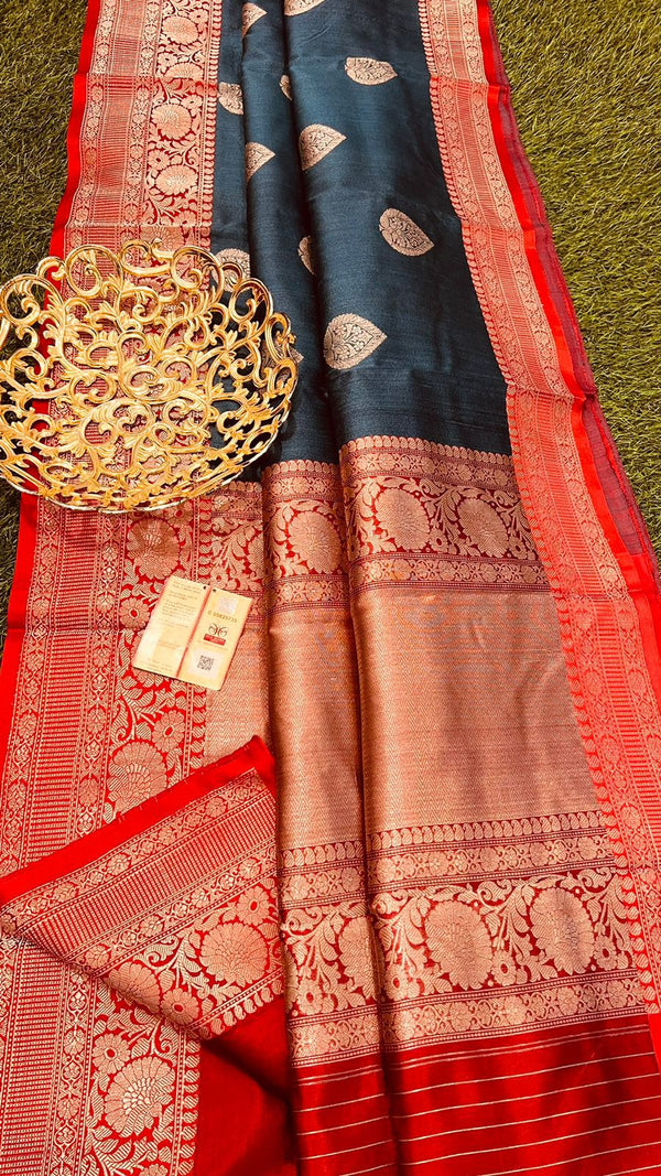 Handwoven Pure Banarasi Tussar Silk Saree With Antique Zari Work.