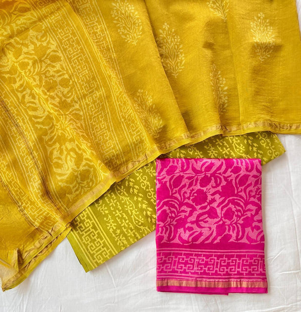 Pure Hand Block Chanderi Silk Unstitched Suit .