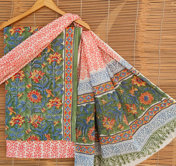 Pure Cotton Hand-Block Print unstitched suit with cotton dupatta .