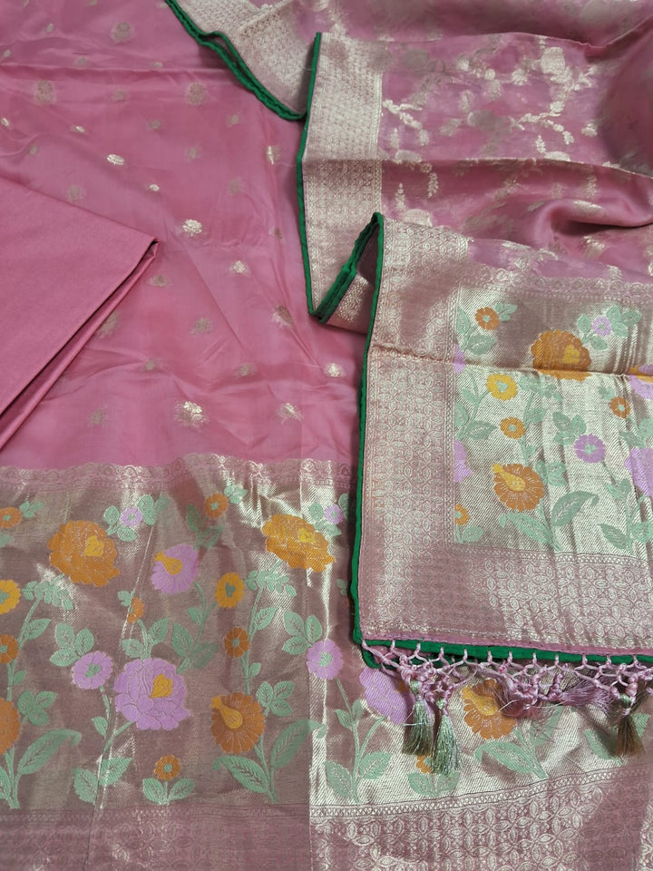 Pure Banarasi Handloom Organza Paithani Weaved Unstitched Suit With Banarsi Handloom Organza Paithani Border Dupatta