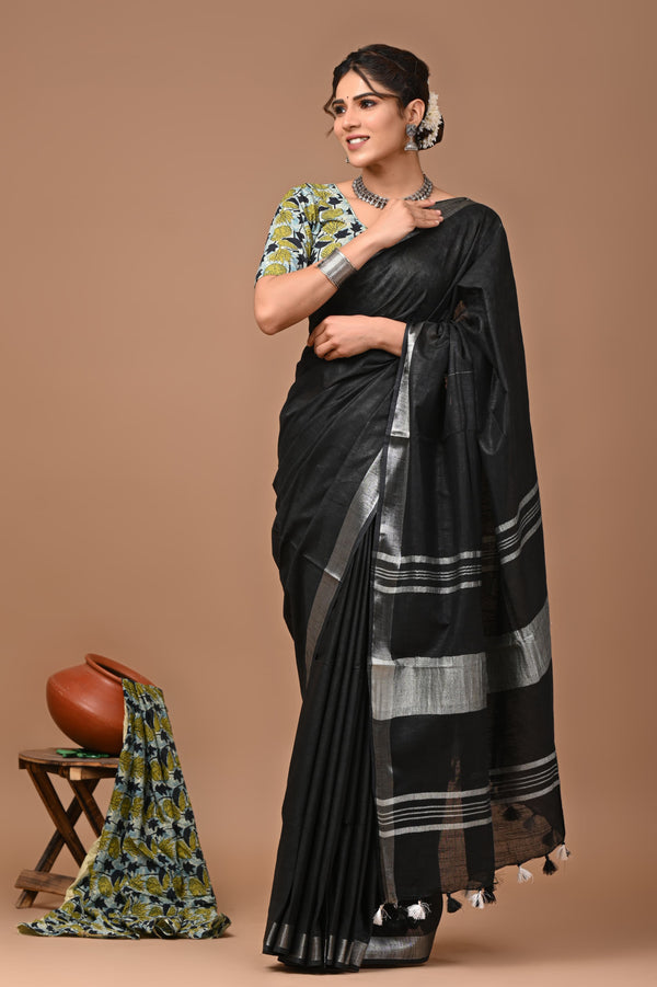 Hand Block Print Linen Saree with Blouse .